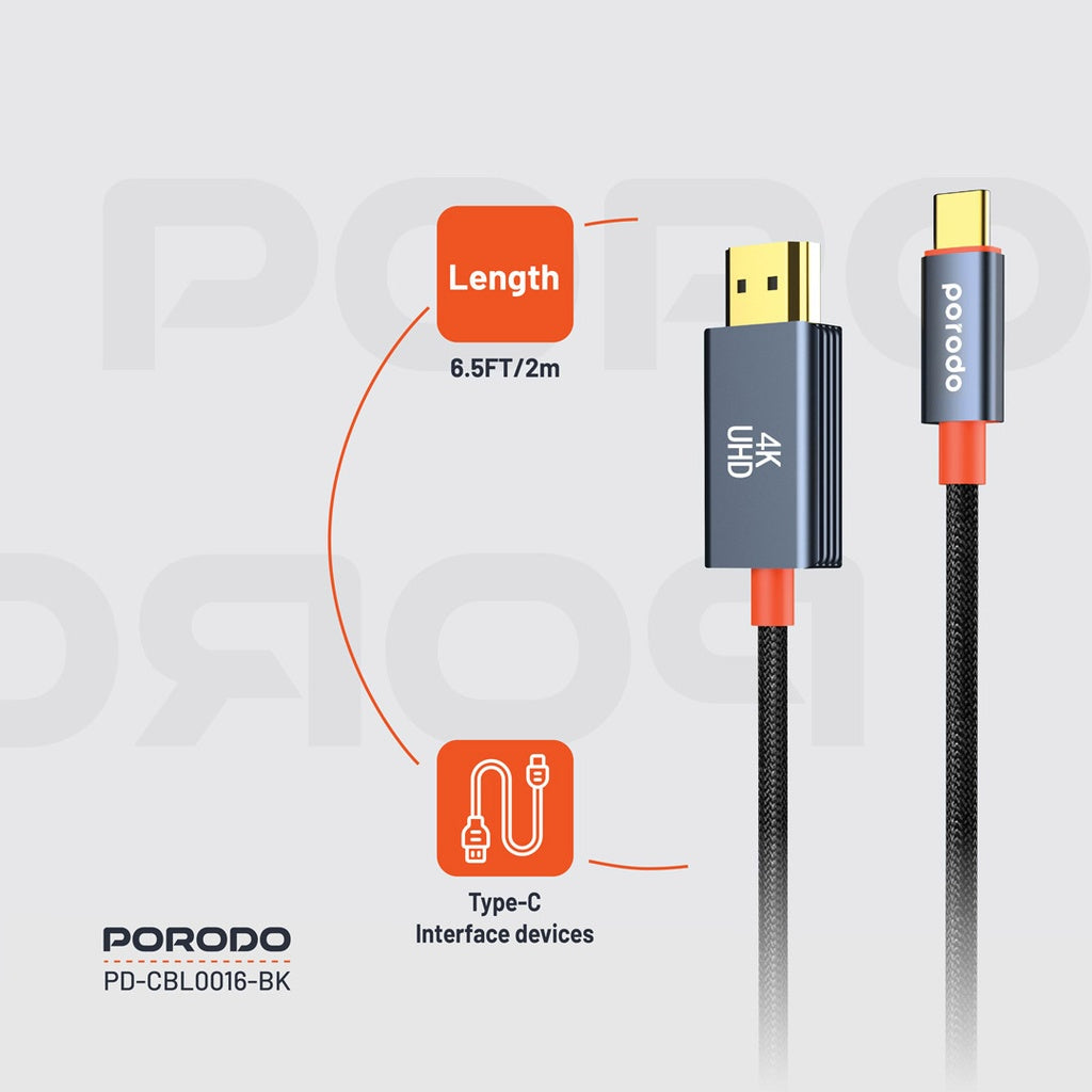 Porodo Alum Alloy Woven Cable Type-C to HDMI 2m Black - كيبل تايب سي اج دي ام اي 2 متر من بورودو اسود