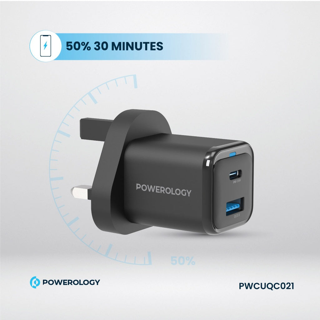 Powerology 35W PD QC 1xUSB-C 35W and 1xUSB-A 18W GaN Charger UK with USB-C TO Lightning Cable Black - شاحن تايب سي 35 واط مع كيبل تايب سي ايفون من باورولوجي اسود