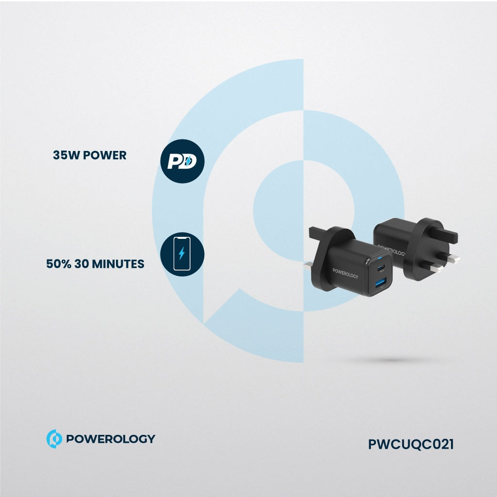 Powerology 35W PD QC 1xUSB-C 35W and 1xUSB-A 18W GaN Charger UK with USB-C TO Lightning Cable Black - شاحن تايب سي 35 واط مع كيبل تايب سي ايفون من باورولوجي اسود