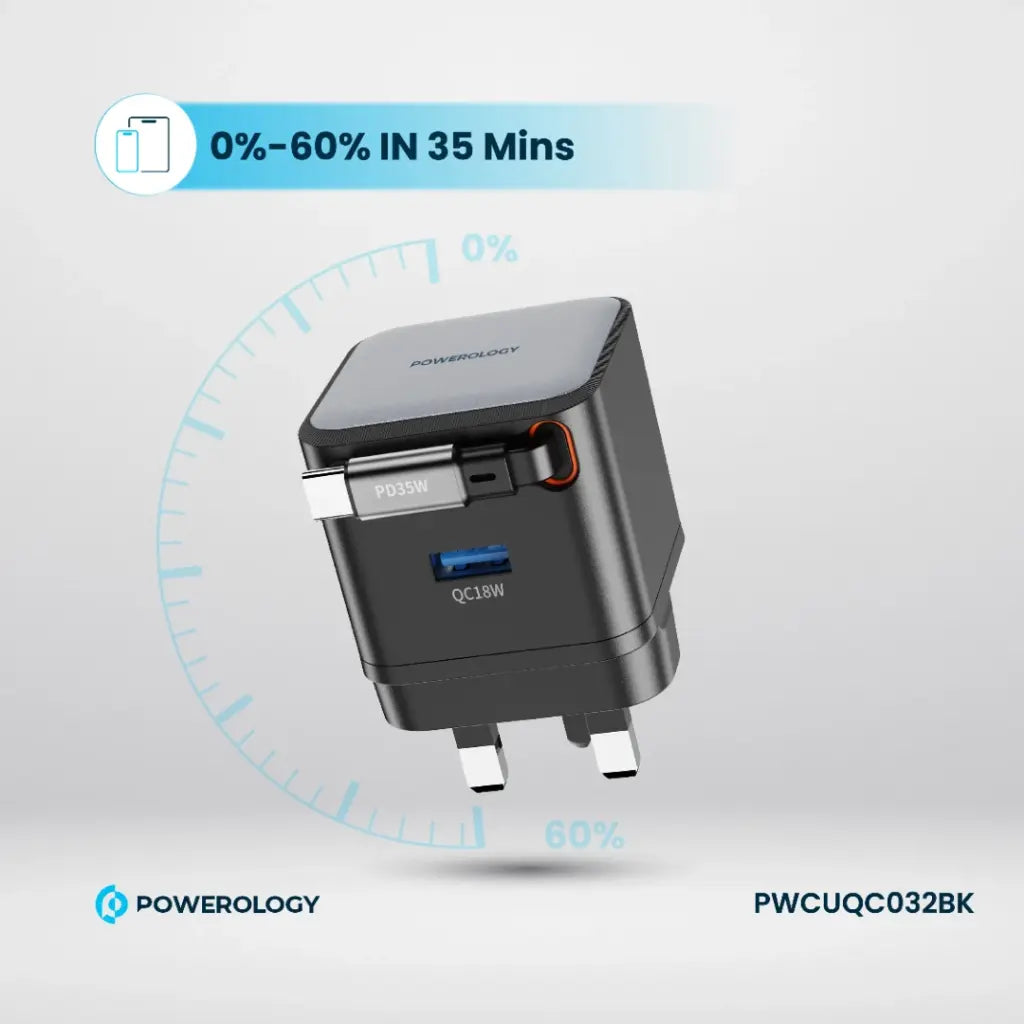 Powerology GAN PD35W Dual-Port Charger with Retractable Cable Black- شاحن 35 واط مع كيبل تايب سي مدمج قابل للسحب 75 سم من باورولوجي
