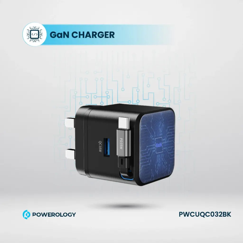 Powerology GAN PD35W Dual-Port Charger with Retractable Cable Black- شاحن 35 واط مع كيبل تايب سي مدمج قابل للسحب 75 سم من باورولوجي