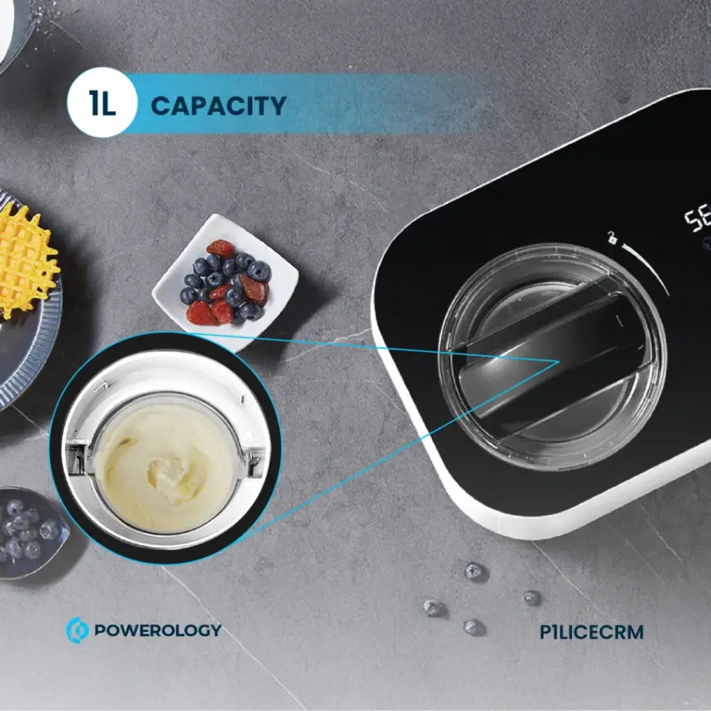Powerology 1L Ice Cream Machine with Touch Display White - ماكنة صنع الايس كريم بسعة 1 لتر مع شاشة لمس من باورولوجي ابيض