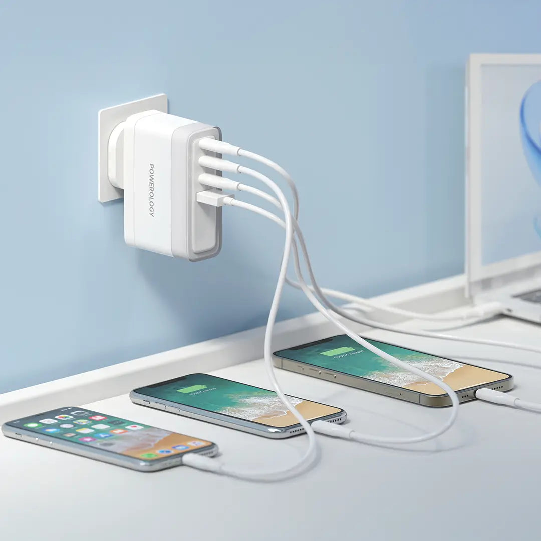 Powerology 4-Port Fast Charging Adapter 140W White - شاحن 140 واط باربعة منافذ من باورولوجي ابيض