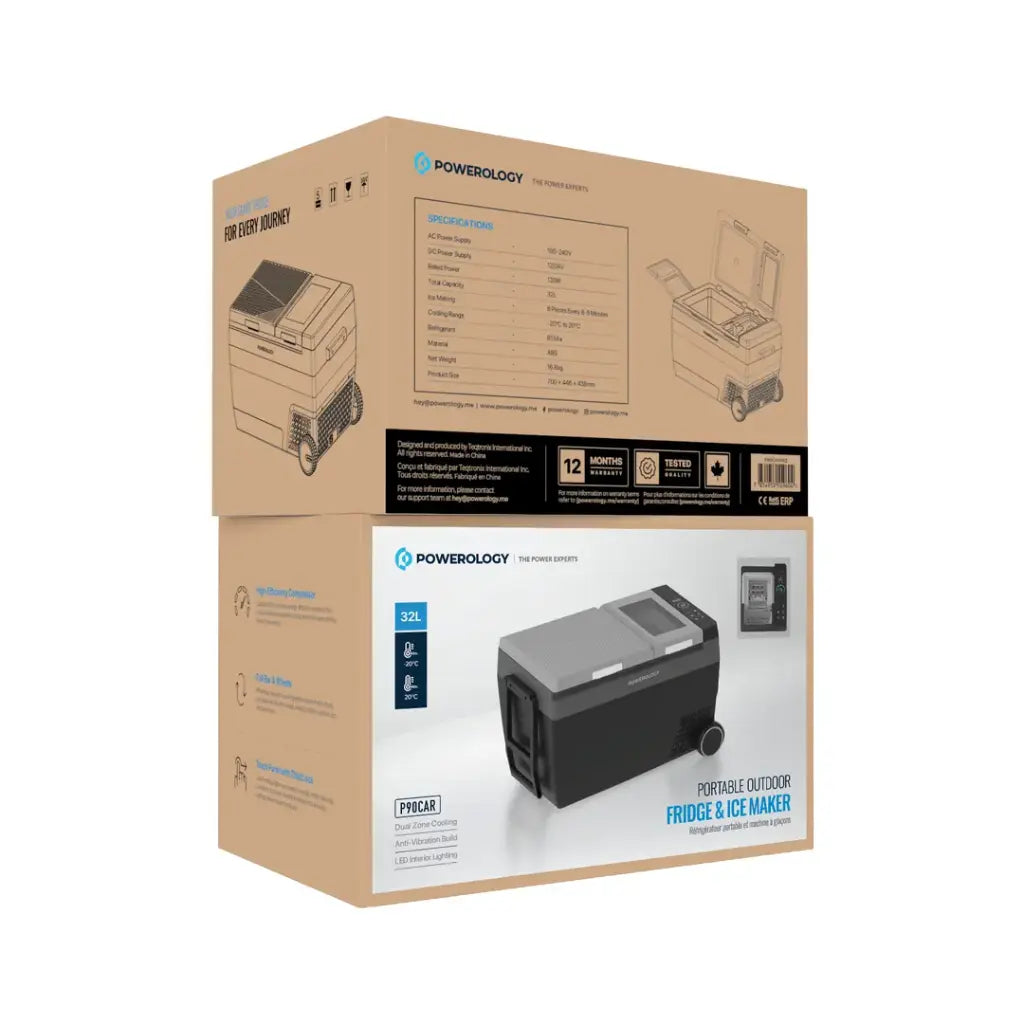 Powerology 120W Portable Car Refrigerator with Ice Maker and Wheels Black - ثلاجة سيارة محمولة 120 واط مع صانعة ثلج وعجلات من باورولوجي اسود