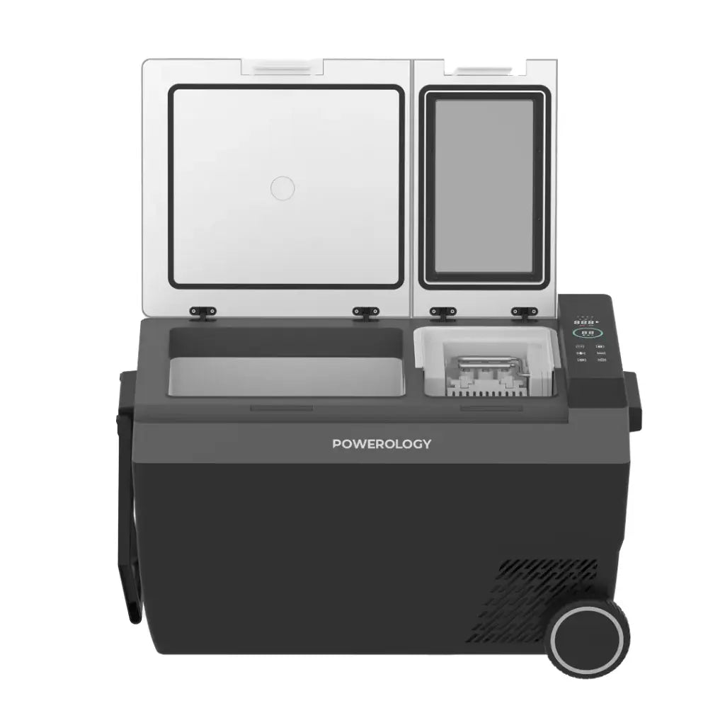 Powerology 120W Portable Car Refrigerator with Ice Maker and Wheels Black - ثلاجة سيارة محمولة 120 واط مع صانعة ثلج وعجلات من باورولوجي اسود