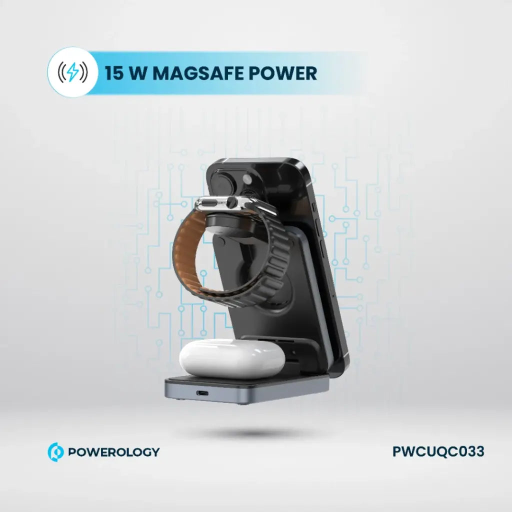 Powerology 3-in-1 Foldable Magnetic Wireless Charging Bracket Black - شاحن لاسلكي مغناطيسي قابل للطي 3 في 1 من باورولوجي اسود