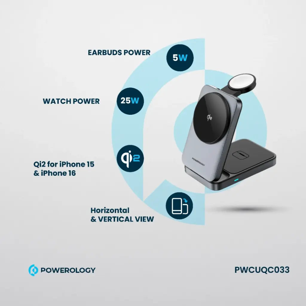 Powerology 3-in-1 Foldable Magnetic Wireless Charging Bracket Black - شاحن لاسلكي مغناطيسي قابل للطي 3 في 1 من باورولوجي اسود