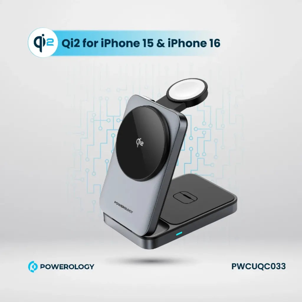 Powerology 3-in-1 Foldable Magnetic Wireless Charging Bracket Black - شاحن لاسلكي مغناطيسي قابل للطي 3 في 1 من باورولوجي اسود