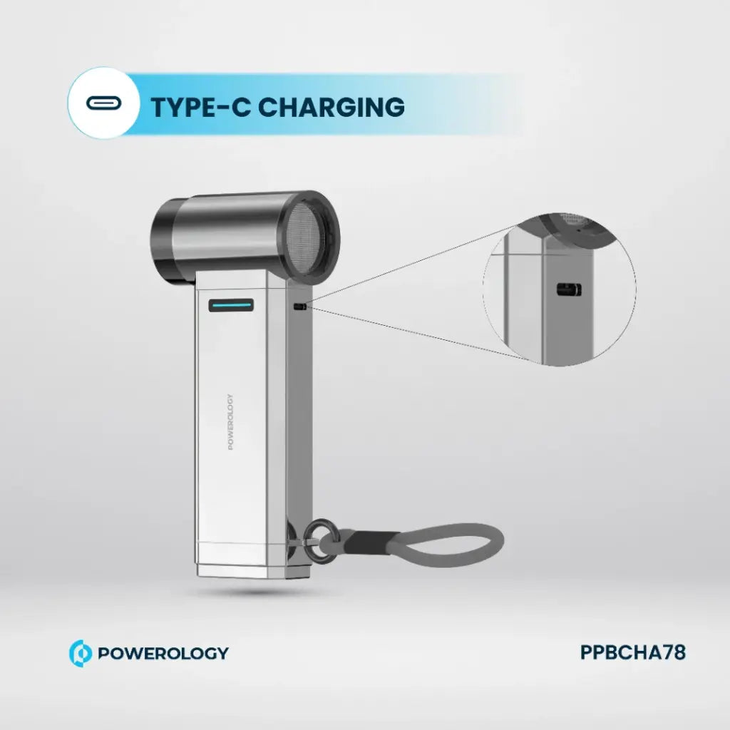 Powerology Turbo Blower 130000rpm Power Bank 4000mAh Silver - مروحة ومكنسة 130000 دورة في الدقيقة مع 4 مستويات للسرعة وباوربنك بسعة 4000 ملي امبير من باورولوجي فضي