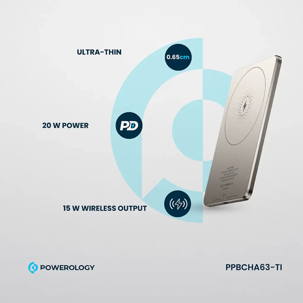 Powerology 5000 mAh 15W PD Type-C Magsafe Ultra Slim Powerbank Titanium - باوربنك سليم ماك سيف 5000 ملي امبير 15 واط من باورولوجي تيتانيوم الطبيعي