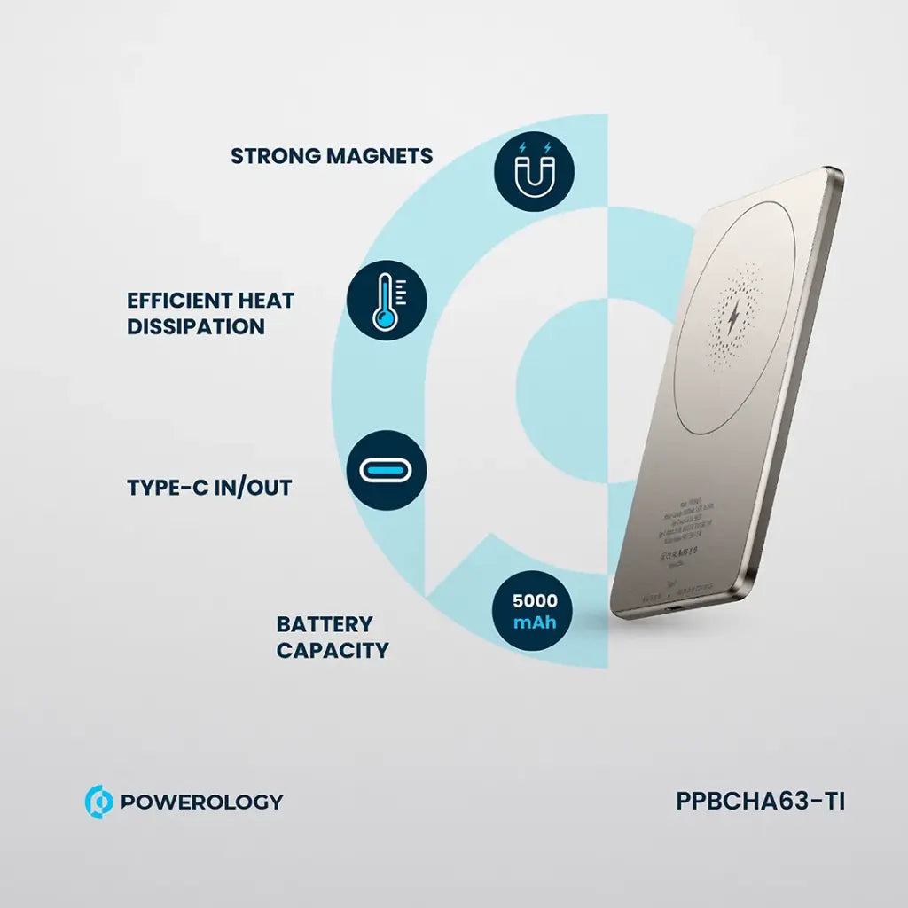 Powerology 5000 mAh 15W PD Type-C Magsafe Ultra Slim Powerbank Titanium - باوربنك سليم ماك سيف 5000 ملي امبير 15 واط من باورولوجي تيتانيوم الطبيعي