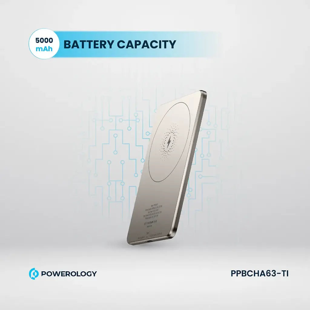 Powerology 5000 mAh 15W PD Type-C Magsafe Ultra Slim Powerbank Titanium - باوربنك سليم ماك سيف 5000 ملي امبير 15 واط من باورولوجي تيتانيوم الطبيعي