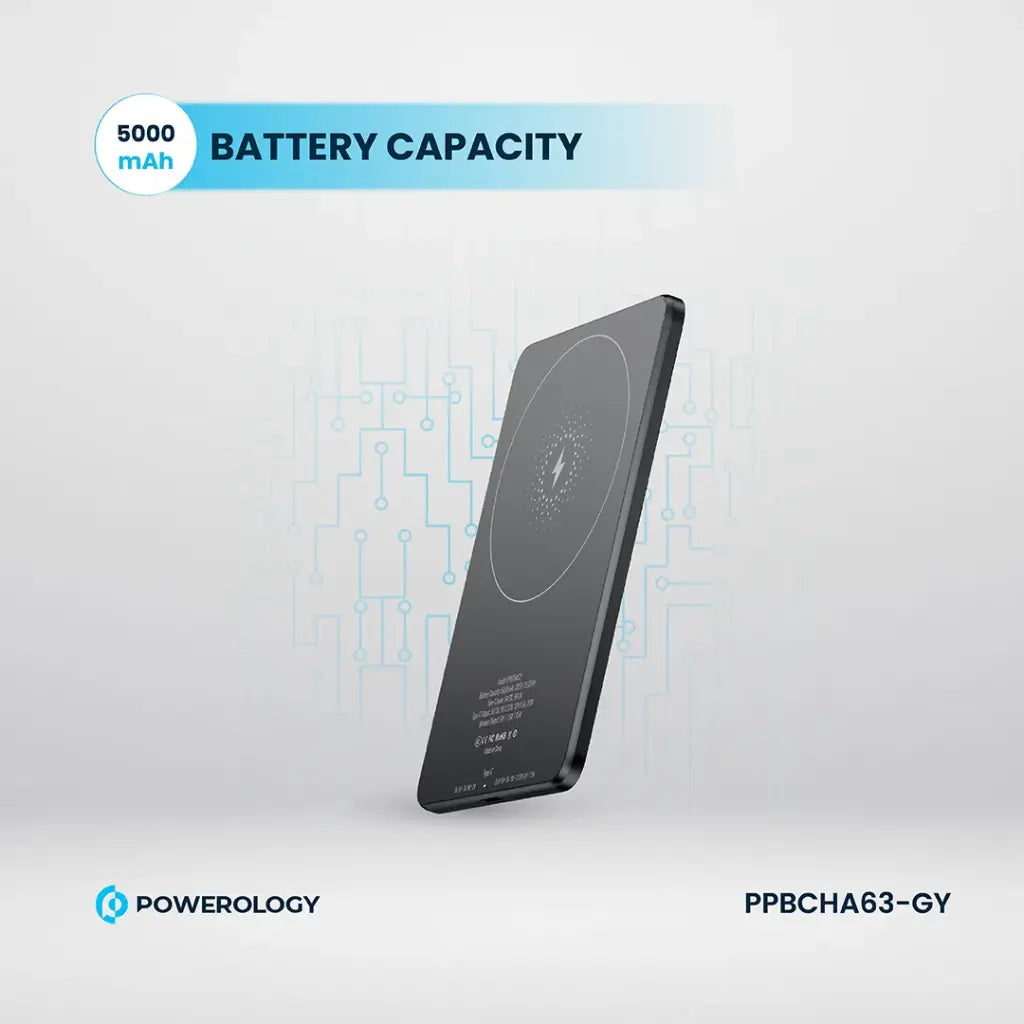 Powerology 5000 mAh 15W PD Type-C Magsafe Ultra Slim Powerbank Grey - باوربنك سليم ماك سيف 5000 ملي امبير 15 واط من باورولوجي رمادي