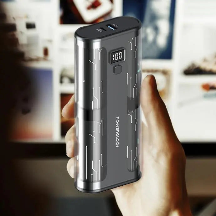 Powerology Crystalline Series Powerbank 20000mAh PD 20W Transparent/Grey - باوربنك 20000 ملي امبير 20 واط مع شاشة رقمية من باورولوجي