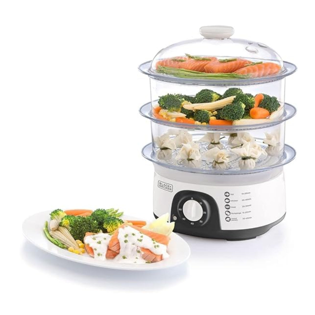 Black&Decker HS6000-B5 FOOD STEAMER 775W silver/ White - جهاز طهي الطعام بالبخار بسعة 10 لتر وبقدرة 775 واط من بلاك اد ديكر
