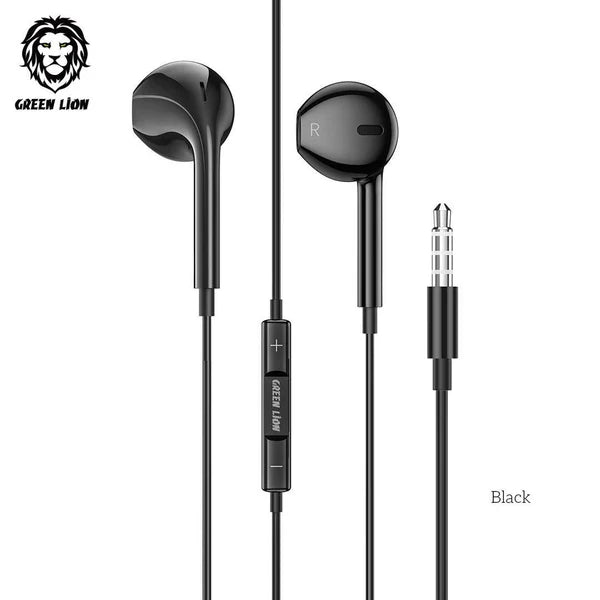 Green Lion Stereo Earphones 3.5mm with Built-In Mic Black - سماعات اوكس مع مايكروفون مدمج من كرين
