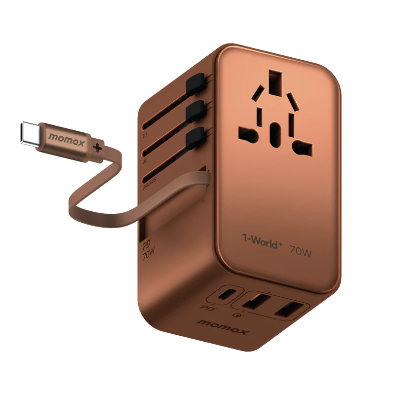 Momax World+ 70W GaN 3-Port w /Built-in USB-C Cable + AC Travel Adaptorr Gold - شاحن عالمي للسفر 70 واط مع كيبل تايب سي مدمج من موماكس ذهبي