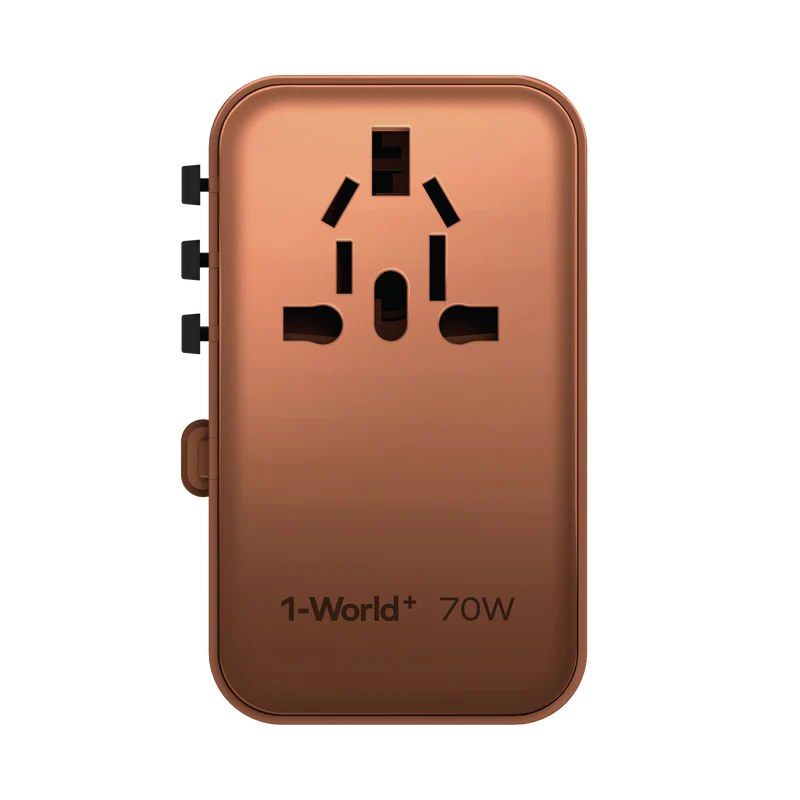 Momax World+ 70W GaN 3-Port w /Built-in USB-C Cable + AC Travel Adaptorr Gold - شاحن عالمي للسفر 70 واط مع كيبل تايب سي مدمج من موماكس ذهبي