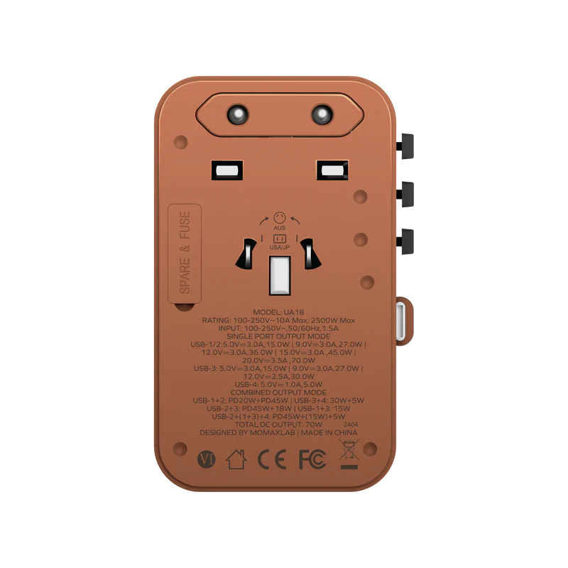 Momax World+ 70W GaN 3-Port w /Built-in USB-C Cable + AC Travel Adaptorr Gold - شاحن عالمي للسفر 70 واط مع كيبل تايب سي مدمج من موماكس ذهبي