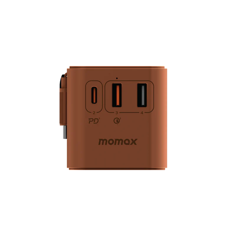 Momax World+ 70W GaN 3-Port w /Built-in USB-C Cable + AC Travel Adaptorr Gold - شاحن عالمي للسفر 70 واط مع كيبل تايب سي مدمج من موماكس ذهبي