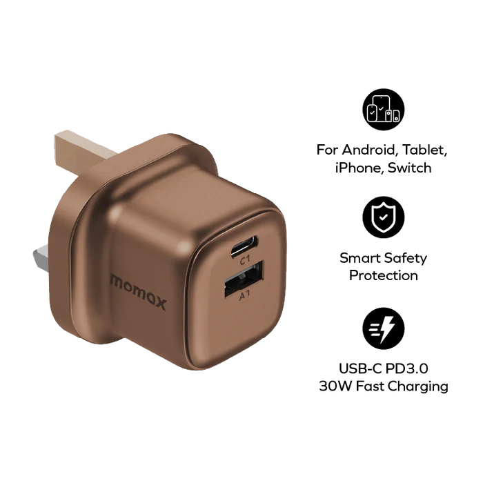 Momax 1-Charge 2-Port GaN 30W charger Golden USB-C & USB-A - شاحن 30 واط من موماكس ذهبي