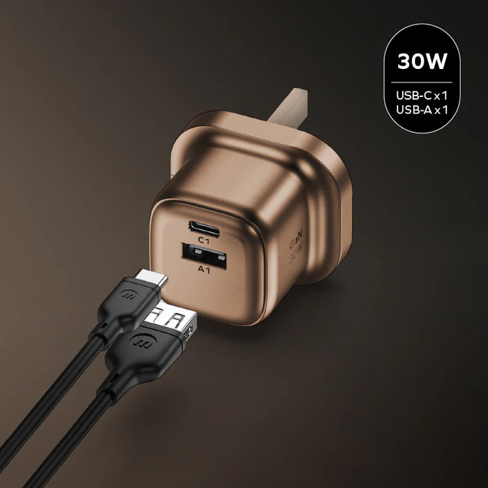Momax 1-Charge 2-Port GaN 30W charger Golden USB-C & USB-A - شاحن 30 واط من موماكس ذهبي