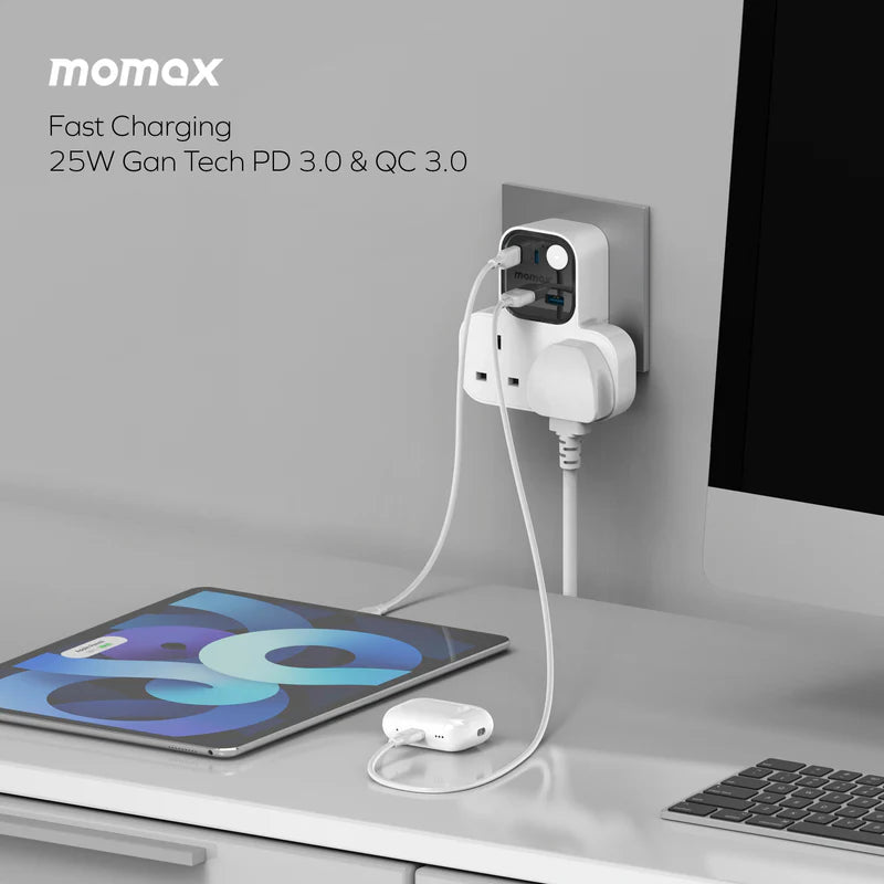 Momax Charge Work Flow T-shaped Extention 2 Socket with USB White - موزع كهرباء ذكي مع منافذ للشحن من موماكس