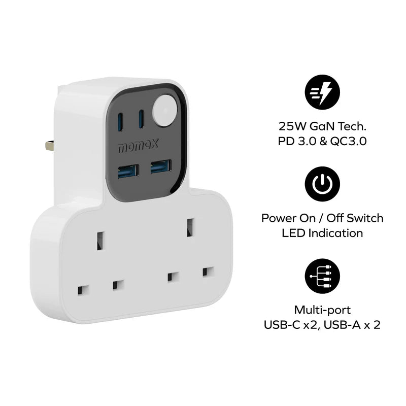 Momax Charge Work Flow T-shaped Extention 2 Socket with USB White - موزع كهرباء ذكي مع منافذ للشحن من موماكس