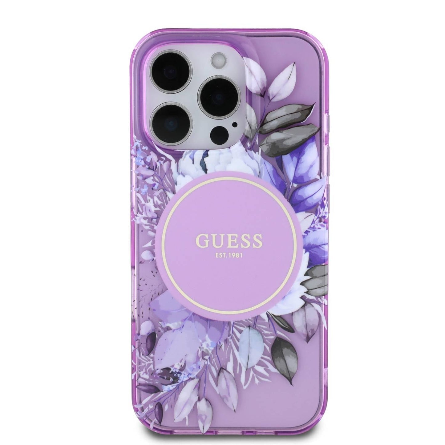 Guess Magsafe IML Transparent Hard case With Flower Design & Tonal Circle Logo Fo 16 PRO - كفر ماك سيف للايفون 16 برو من جيسس