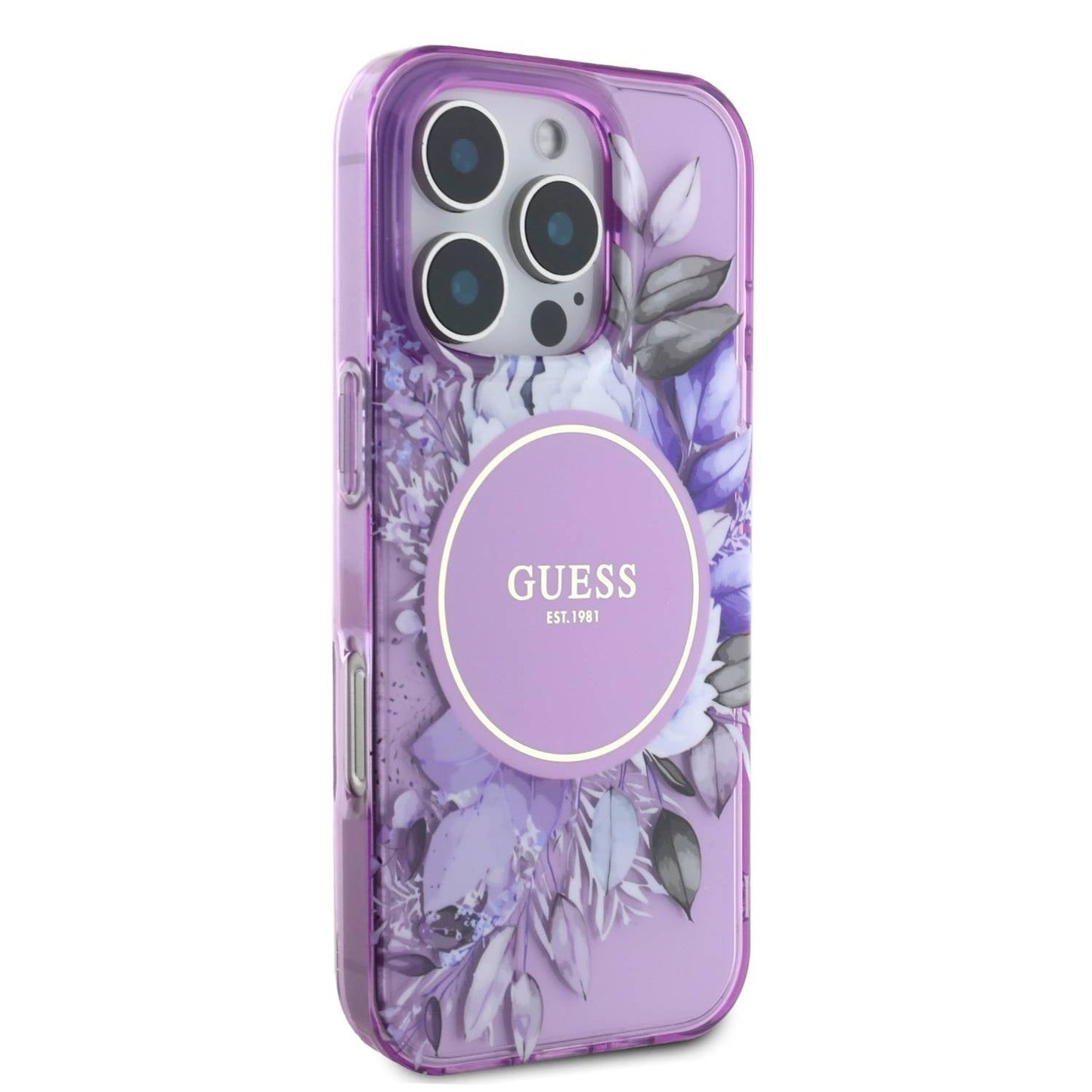 Guess Magsafe IML Transparent Hard case With Flower Design & Tonal Circle Logo Fo 16 PRO - كفر ماك سيف للايفون 16 برو من جيسس