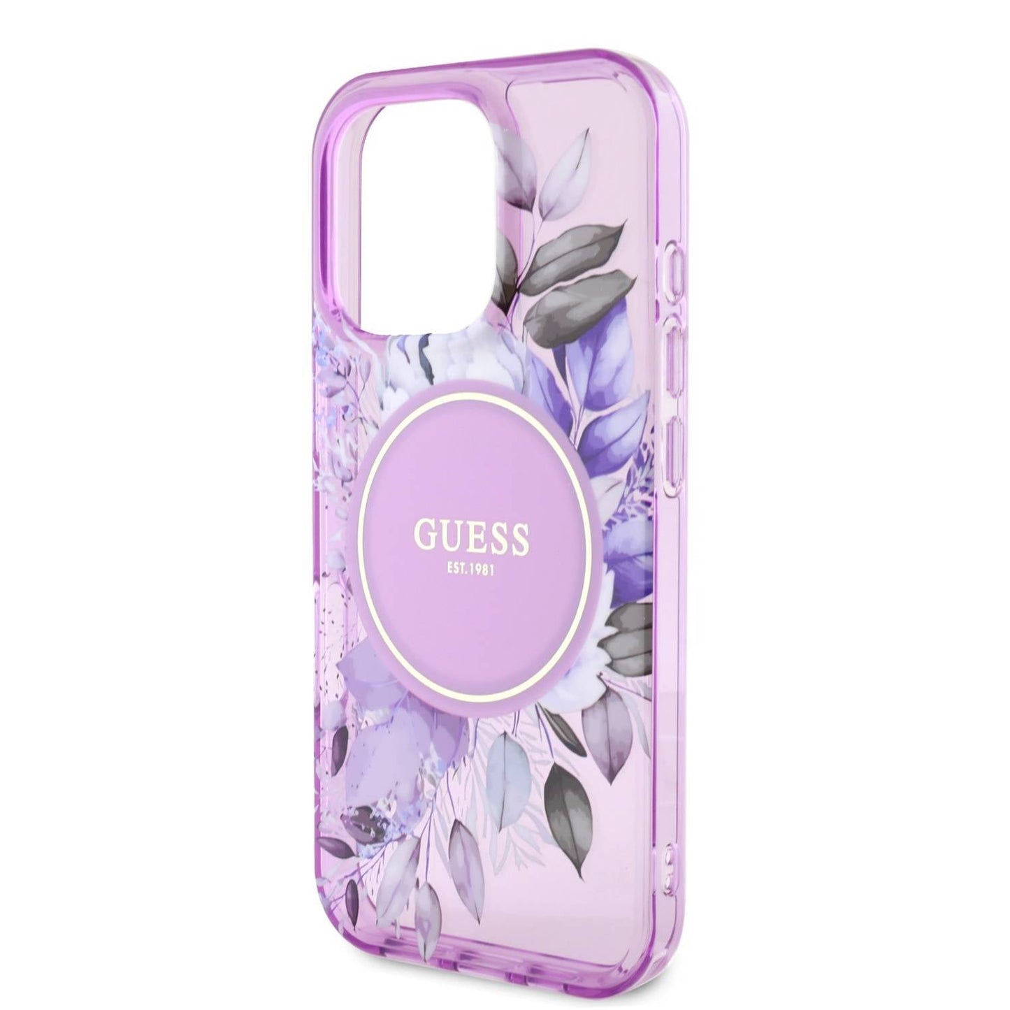 Guess Magsafe IML Transparent Hard case With Flower Design & Tonal Circle Logo Fo 16 PRO - كفر ماك سيف للايفون 16 برو من جيسس