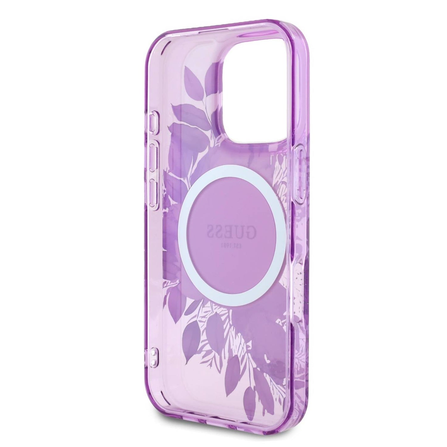 Guess Magsafe IML Transparent Hard case With Flower Design & Tonal Circle Logo Fo 16 PRO - كفر ماك سيف للايفون 16 برو من جيسس