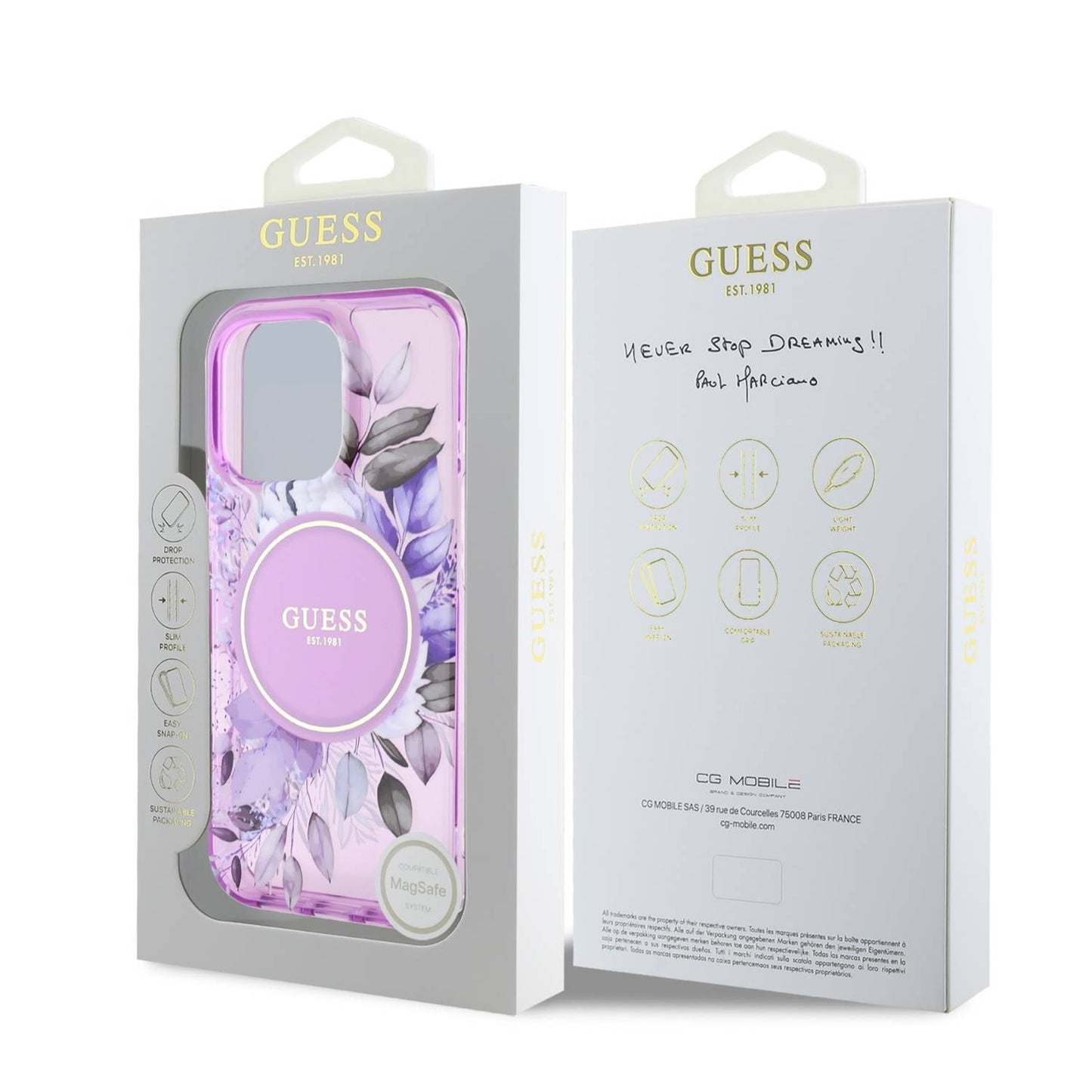 Guess Magsafe IML Transparent Hard case With Flower Design & Tonal Circle Logo Fo 16 PRO - كفر ماك سيف للايفون 16 برو من جيسس