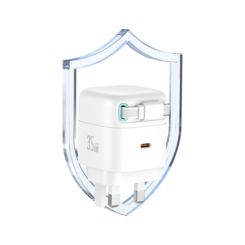 USAMS US-CC204 PD35W Dual Output GaN Fast Charger With Type-C Magnetic Retractable Cable Module white - شاحن 35 واط مع كيبل تايب سي مدمج مغناطيسي قابل للازالة من يوسامس ابيض