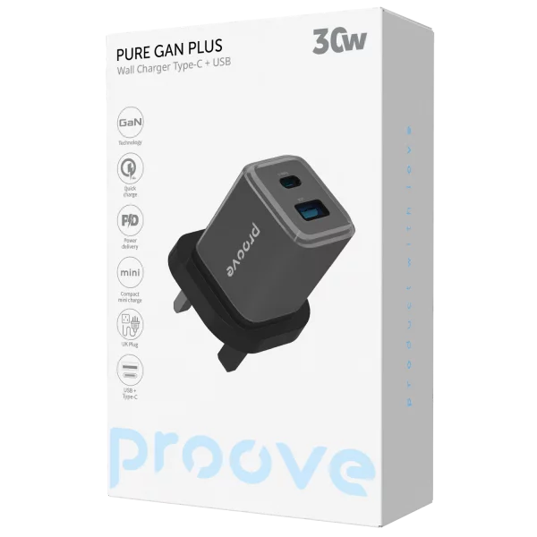 Proove Wall Charger Pure GaN Plus 30W (Type-C + USB) UK black - شاحن 30 واط من بروف اسود