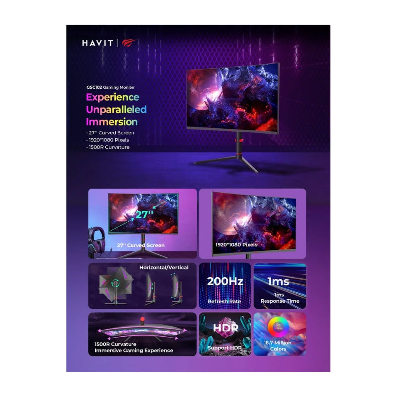 Havit GSC102-US Gaming Moniter 2 inch 1080p 1ms 200Hz Black - شاشة مونتر 27 بوصه 200 هيرتز من هافيت اسود