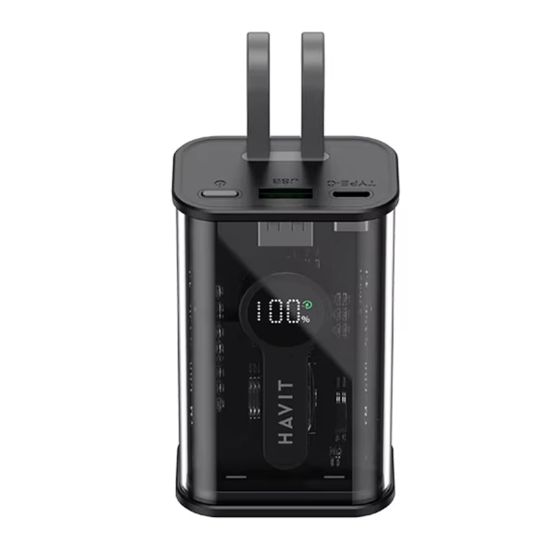 Havit PB94 Powerbank 10,000mAh 20W with Built-in Cables USB-C and LTG Black - باوربنك 10000 ملي امبير 20 واط من هافيت اسود