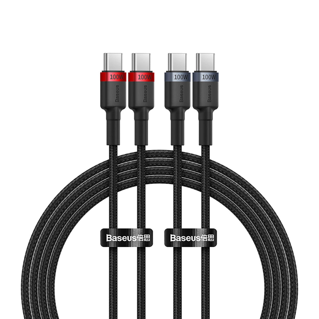 BASEUS CAFULE CHARGING CABLE USB-C TO USB-C 100W 1M 2PCS RED BLACK+GREY BLACK - كيبل تايب سي تايب سي 100 واط بطول 1 متر من باسيوس (قطعتان)