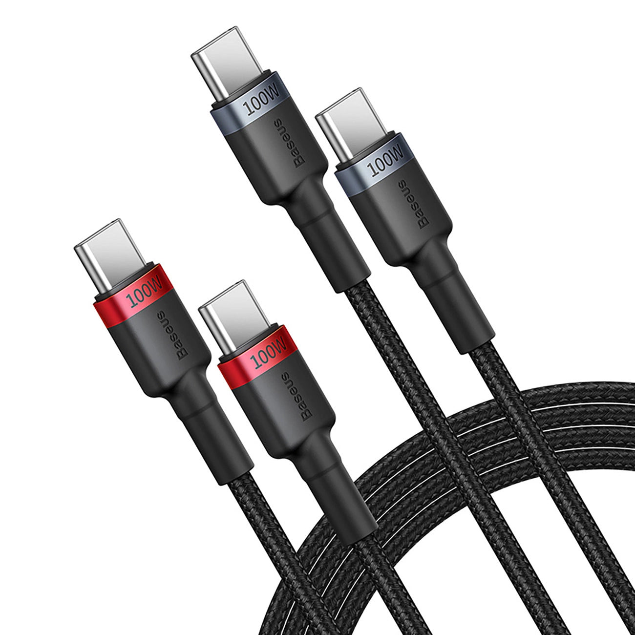 BASEUS CAFULE CHARGING CABLE USB-C TO USB-C 100W 1M 2PCS RED BLACK+GREY BLACK - كيبل تايب سي تايب سي 100 واط بطول 1 متر من باسيوس (قطعتان)