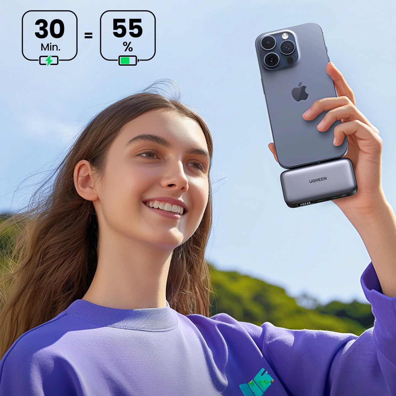 UGREEN PowerBank 5000mAh with Built-in USB-C Connector - باوربنك 5000 ملي امبير مع منفذ تايب سي مدمج (للشحن) + منفذ تايب سي اضافي وستاند من يوكرين