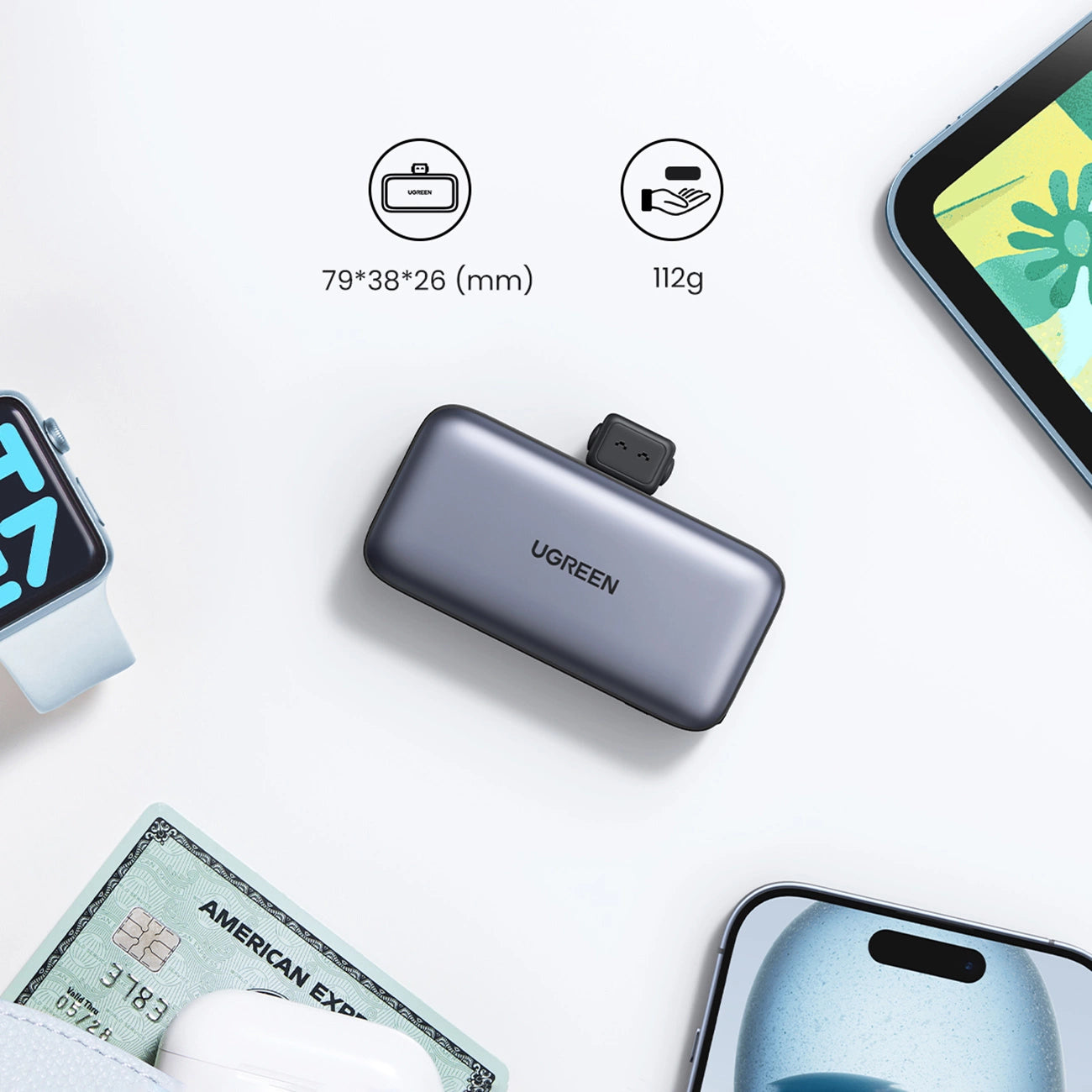 UGREEN PowerBank 5000mAh with Built-in USB-C Connector - باوربنك 5000 ملي امبير مع منفذ تايب سي مدمج (للشحن) + منفذ تايب سي اضافي وستاند من يوكرين