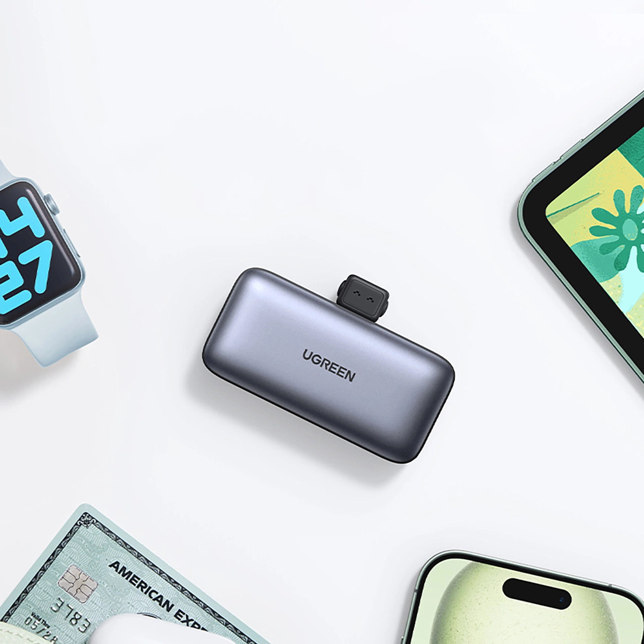 UGREEN PowerBank 5000mAh with Built-in USB-C Connector - باوربنك 5000 ملي امبير مع منفذ تايب سي مدمج (للشحن) + منفذ تايب سي اضافي وستاند من يوكرين