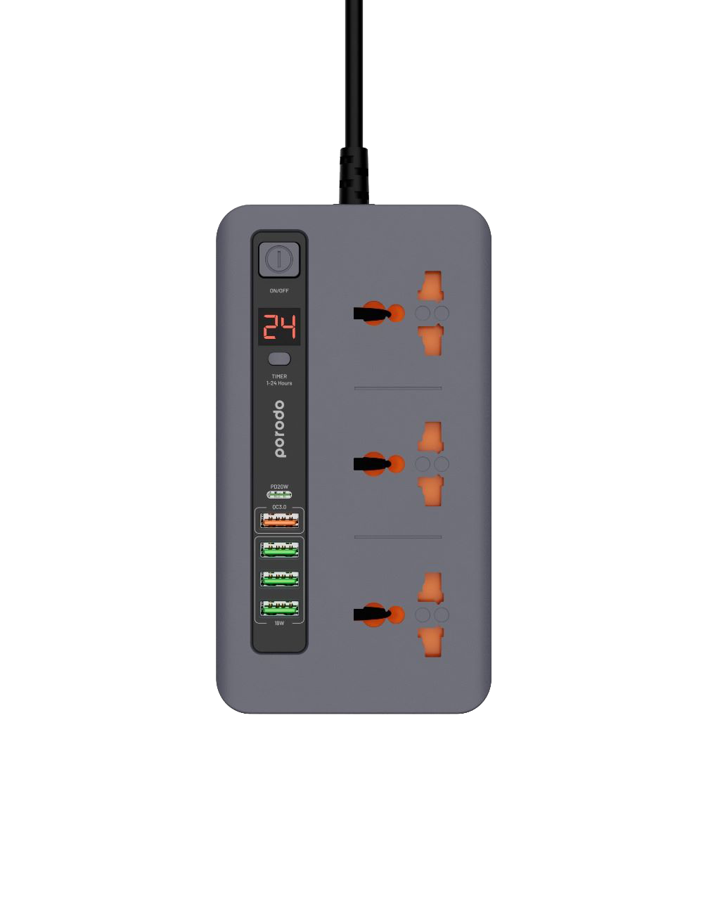 Porodo 3 AC 4 USB-A & USB-C PD 20W Multi-Port Super Hub 2M UK Gray - سيار كهربائي 3000 واط مع منافذ متعددة للشحن 20 واط من بورودو رمادي