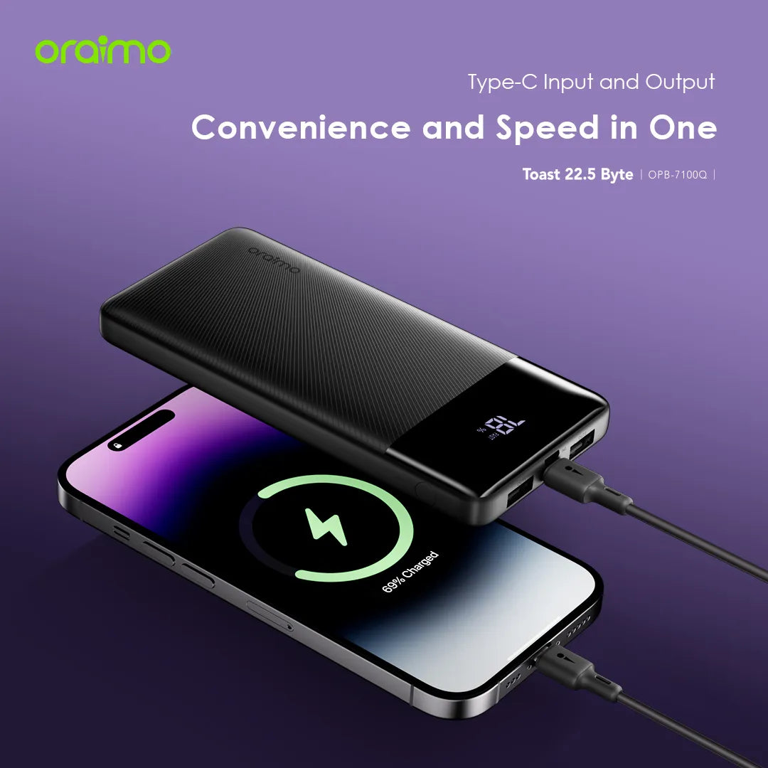 Oraimo Toast 22.5 Byte 10000mAh 22.5W Power Bank - باوربنك 10000 ملي امبير 22.5 واط مع شاشة رقمية من اورايمو