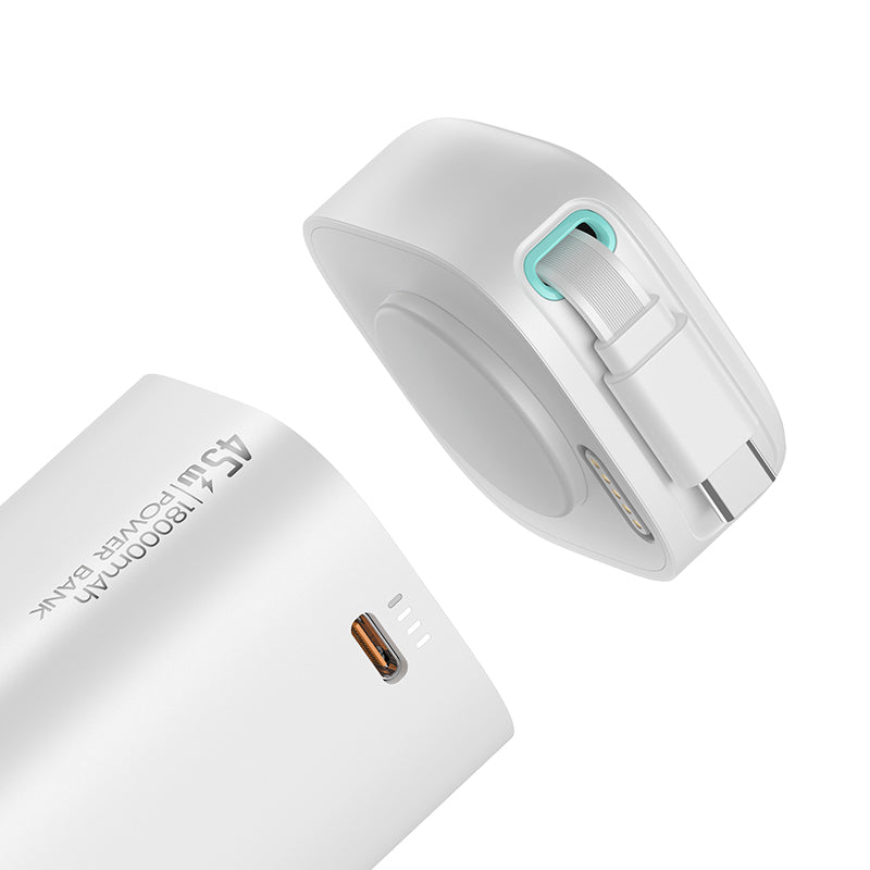 USAMS US-CD216 PD45W Dual Output Fast Charging Power Bank With Type-C Magnetic Retractable Cable Module white mAh18000 - باوربنك 18000 ملي امبير بقدرة 45 واط مع كيبل تايب سي مدمج مغناطيسي قابل للازالة من يوسامس ابيض