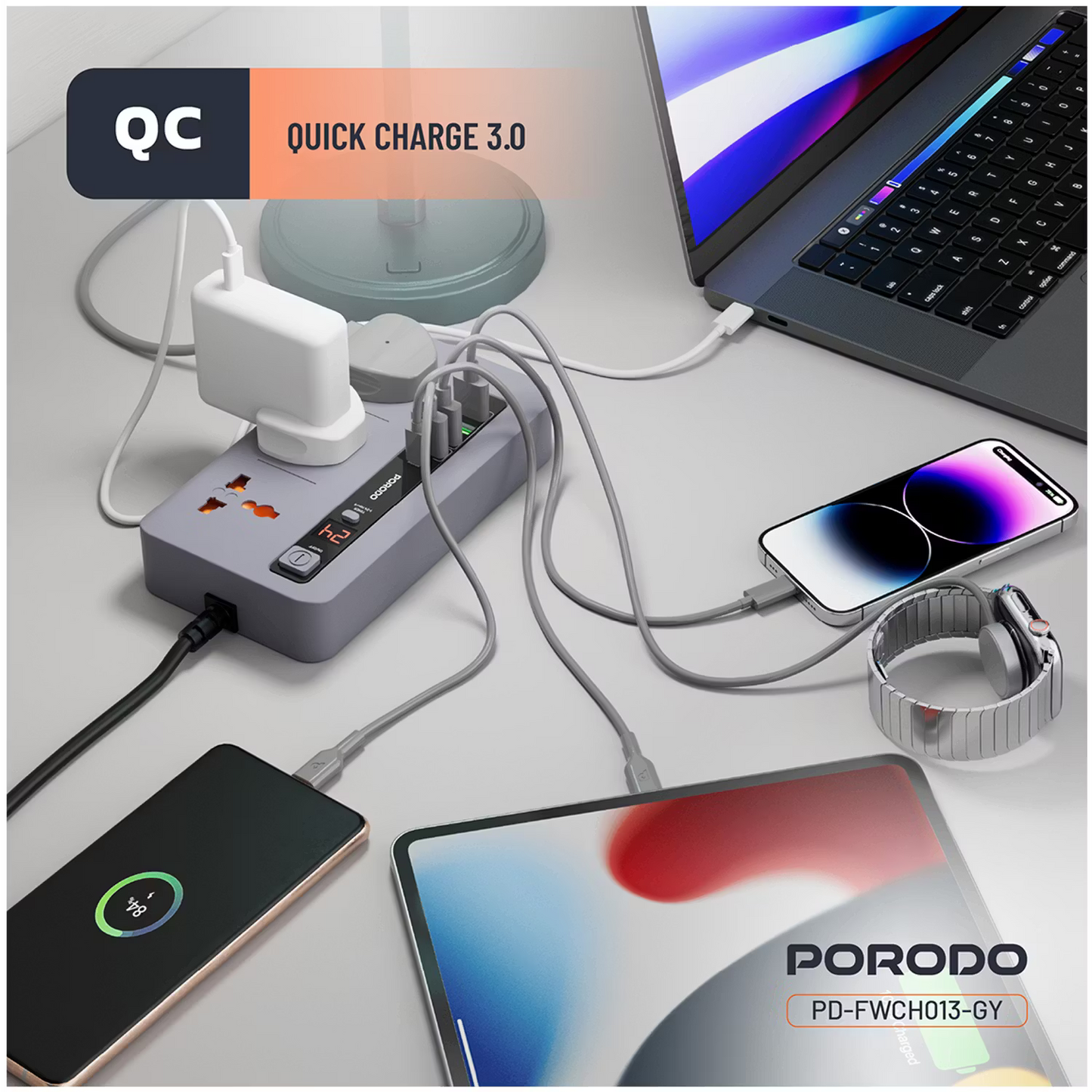 Porodo 3 AC 4 USB-A & USB-C PD 20W Multi-Port Super Hub 2M UK Gray - سيار كهربائي 3000 واط مع منافذ متعددة للشحن 20 واط من بورودو رمادي
