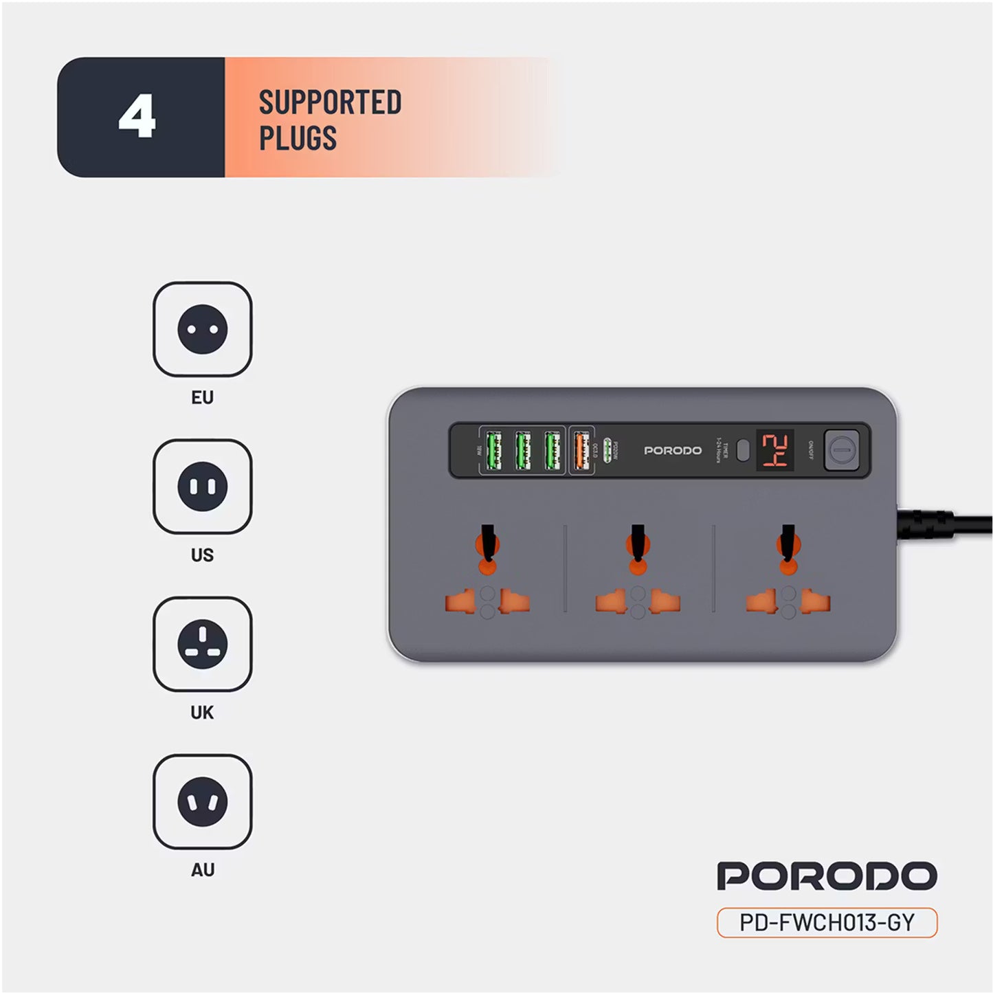 Porodo 3 AC 4 USB-A & USB-C PD 20W Multi-Port Super Hub 2M UK Gray - سيار كهربائي 3000 واط مع منافذ متعددة للشحن 20 واط من بورودو رمادي