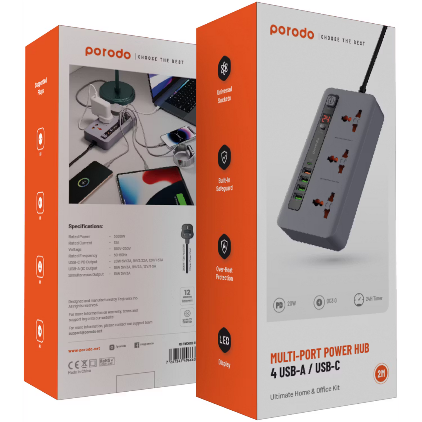 Porodo 3 AC 4 USB-A & USB-C PD 20W Multi-Port Super Hub 2M UK Gray - سيار كهربائي 3000 واط مع منافذ متعددة للشحن 20 واط من بورودو رمادي
