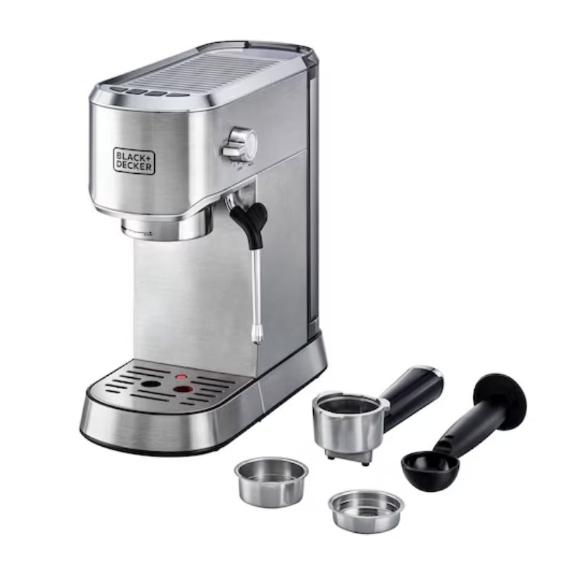 Black&Decker ECM150-B5 espresso coffee machine 15Par silver - ماكنة تحضير الاسبريسو 1450 واط 15 بار من بلاك اند ديكر