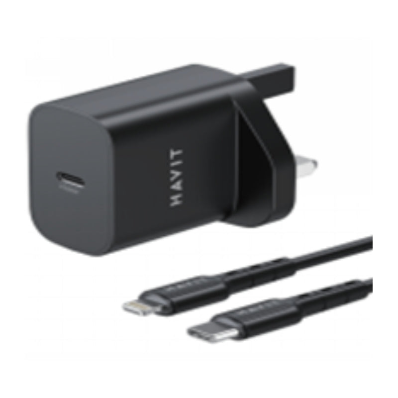Havit ST711 UK charger and C to L cable 20W Black - شاحن 20 واط مع كيبل تايب سي لايتننغ 30 واط من هافيت اسود